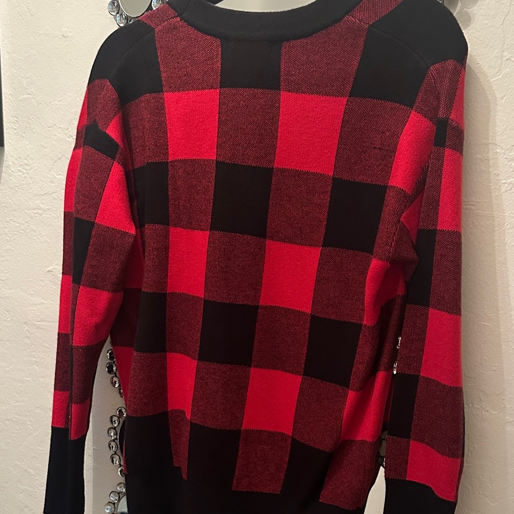Tommy Bahama Red and Black Checkered Cardigan with Crystal Buttons EUC-XS - Picture 4 of 7